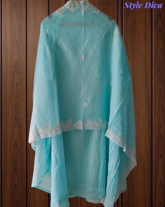 Mul Cotton Chikan-Kari & Zari Embroidered Unstitched Suit with Scalloped Embroidery Dupatta