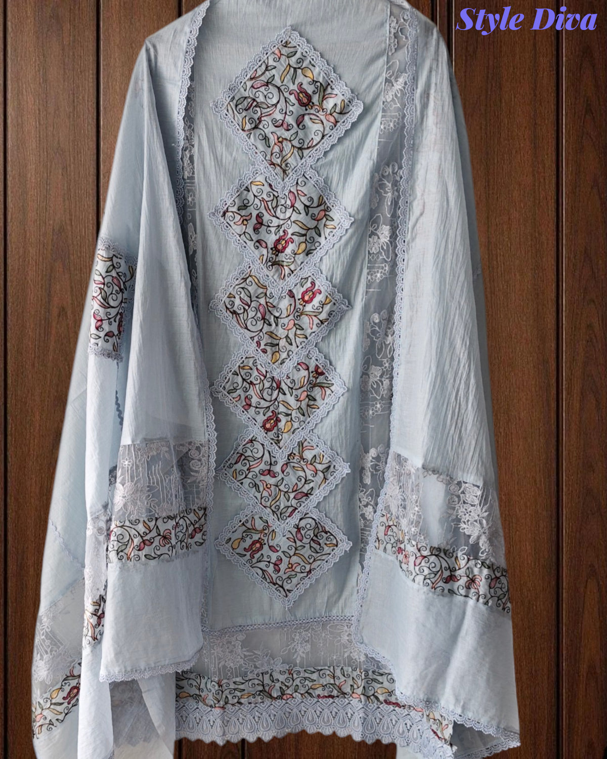 (Light Blue)-Mul Cotton Pakistani Style Embroidered Unstitched Suit with Crochet Lacing Dupatta
