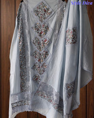 (Light Blue)-Mul Cotton Pakistani Style Embroidered Unstitched Suit with Crochet Lacing Dupatta