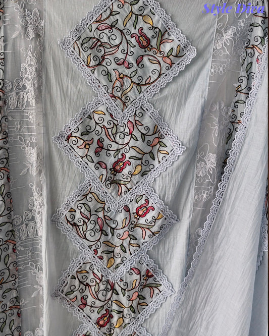 (Light Blue)-Mul Cotton Pakistani Style Embroidered Unstitched Suit with Crochet Lacing Dupatta