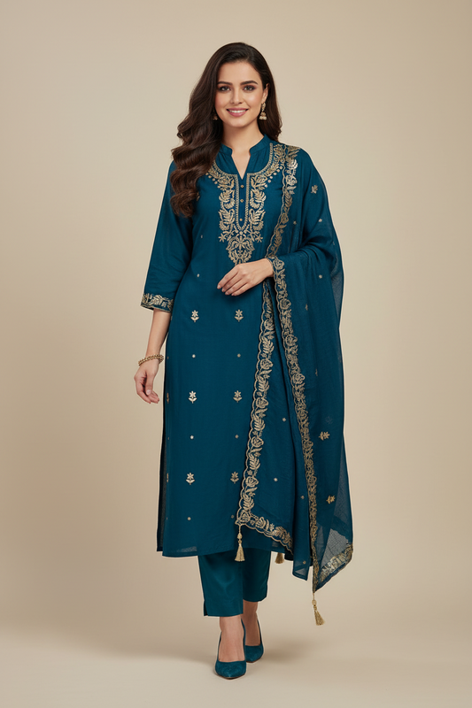 Mul Cotton Pita & Mukesh Work Unstitched Suit with Elegant Dupatta