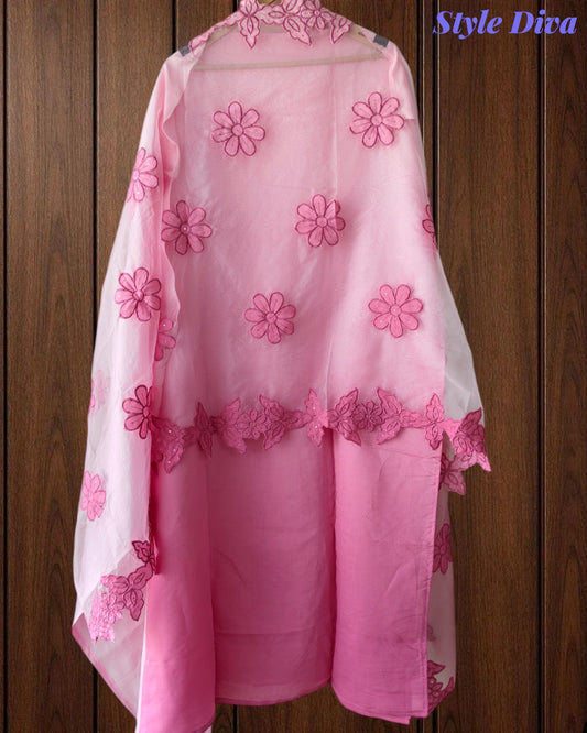 Modal Ombre Effect Laser Cut Applique Unstitched Suit with Scalloped Organza Dupatta