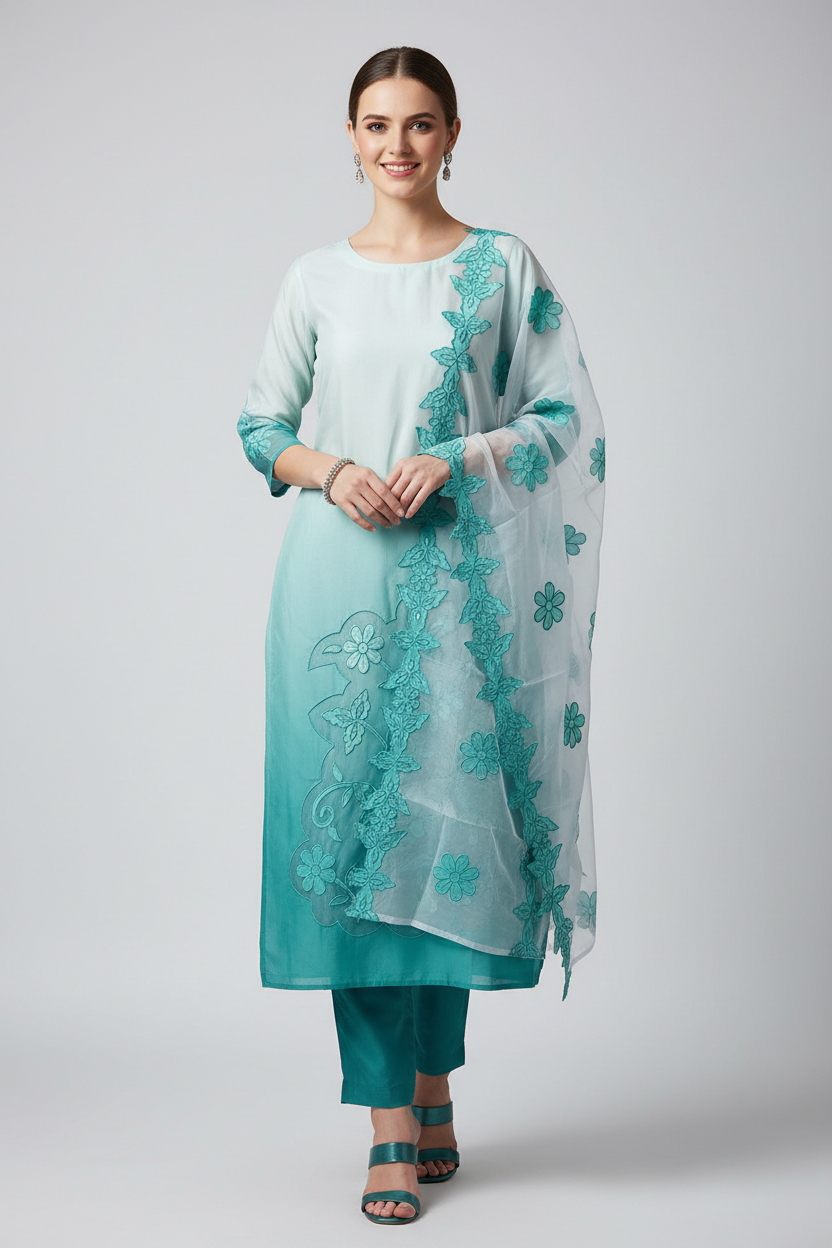 Modal Ombre Effect Laser Cut Applique Unstitched Suit with Scalloped Organza Dupatta