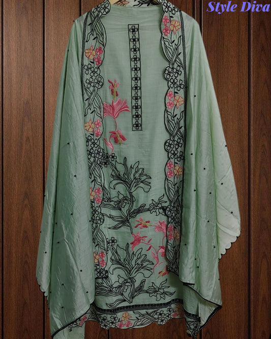 Mul Cotton Embroidered Unstitched Suit with Pearl Highlighting Dupatta