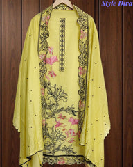 Mul Cotton Embroidered Unstitched Suit with Pearl Highlighting Dupatta