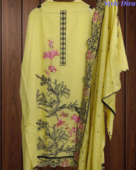 Mul Cotton Embroidered Unstitched Suit with Pearl Highlighting Dupatta
