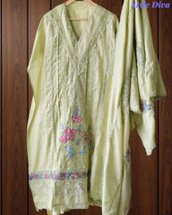 Cotton Khadi Pakistani Style Semi-Stitched Suit with Crochet Lacing & Faux Mirror Work