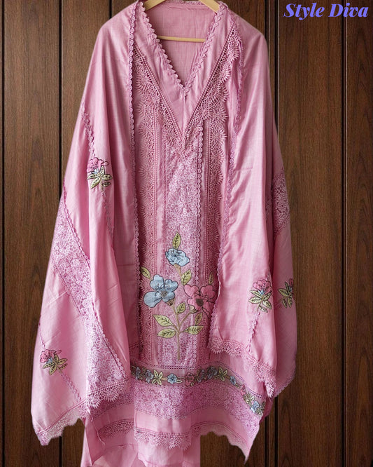 Cotton Khadi Pakistani Style Semi-Stitched Suit with Crochet Lacing & Faux Mirror Work