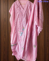 Cotton Khadi Pakistani Style Semi-Stitched Suit with Crochet Lacing & Faux Mirror Work