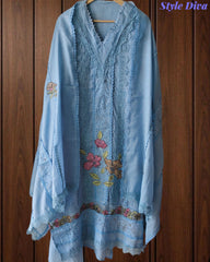 Cotton Khadi Pakistani Style Semi-Stitched Suit with Crochet Lacing & Faux Mirror Work