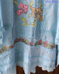 Cotton Khadi Pakistani Style Semi-Stitched Suit with Crochet Lacing & Faux Mirror Work