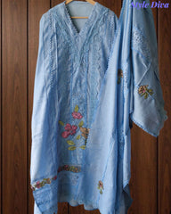 Cotton Khadi Pakistani Style Semi-Stitched Suit with Crochet Lacing & Faux Mirror Work