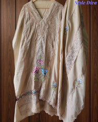Cotton Khadi Pakistani Style Semi-Stitched Suit with Crochet Lacing & Faux Mirror Work
