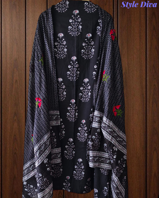 Cotton Printed Thread Embroidered Unstitched Suit with Faux Mirror Effect Dupatta