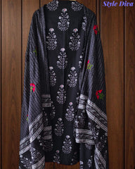 Cotton Printed Thread Embroidered Unstitched Suit with Faux Mirror Effect Dupatta