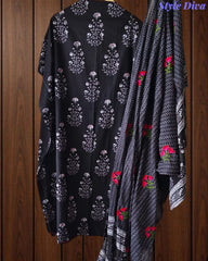 Cotton Printed Thread Embroidered Unstitched Suit with Faux Mirror Effect Dupatta