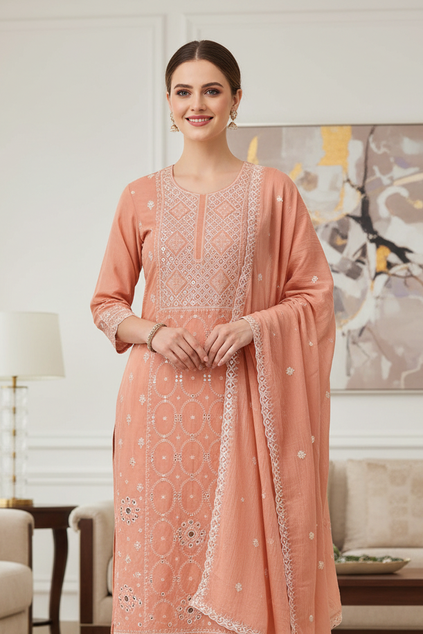 Mul Cotton Embroidered Faux Mirror Highlighted Unstitched Suit with Dupatta