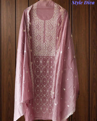 Mul Cotton Embroidered Faux Mirror Highlighted Unstitched Suit with Dupatta