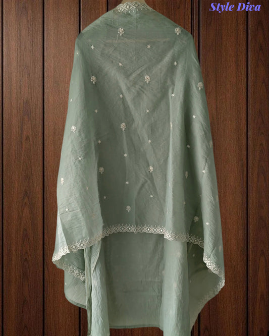 Mul Cotton Embroidered Faux Mirror Highlighted Unstitched Suit with Dupatta