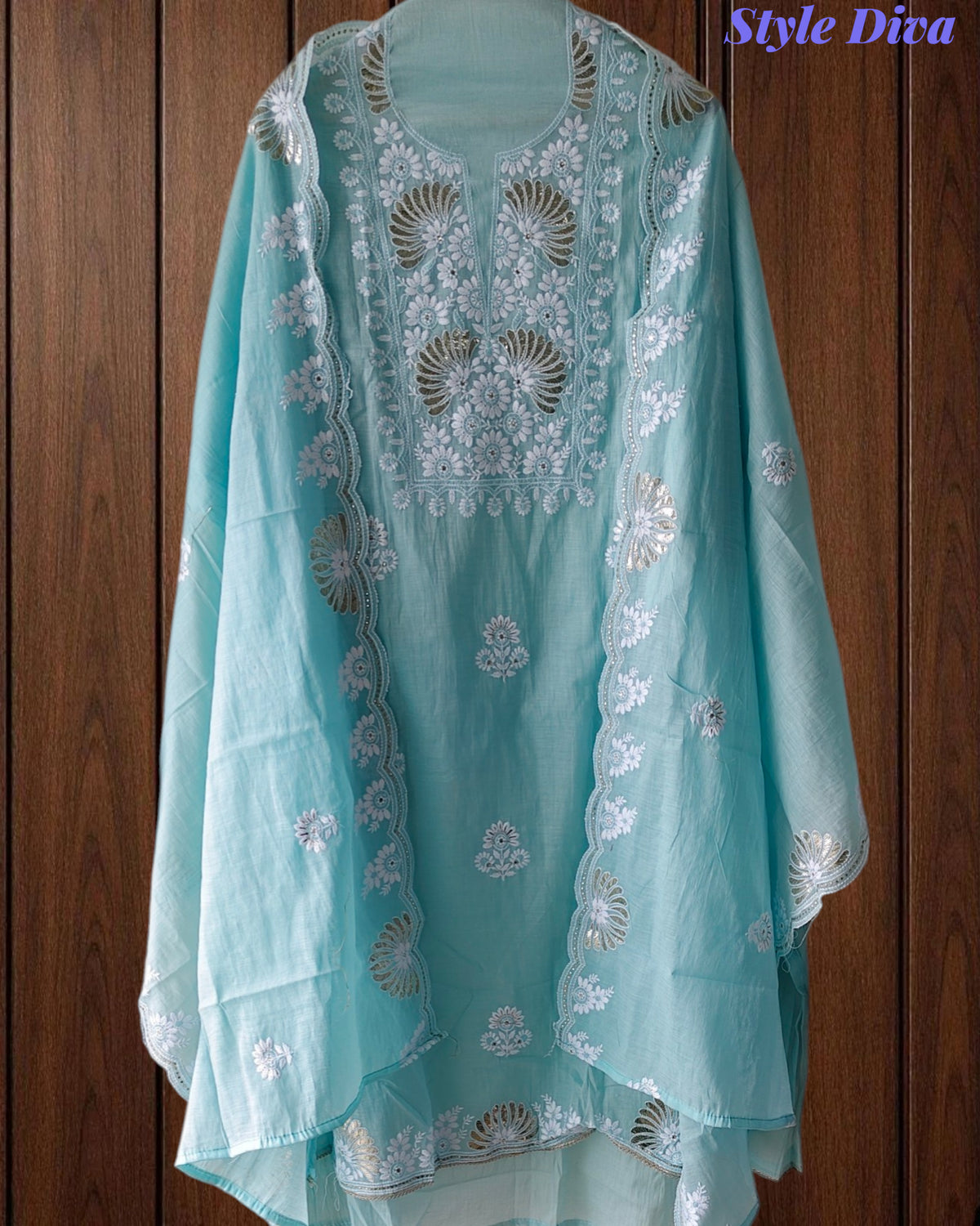 Mul Cotton Embroidered Pita Work Unstitched Suit with Scalloped Dupatta