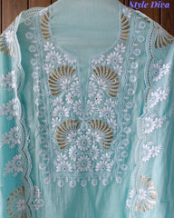Mul Cotton Embroidered Pita Work Unstitched Suit with Scalloped Dupatta