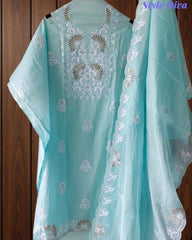 Mul Cotton Embroidered Pita Work Unstitched Suit with Scalloped Dupatta