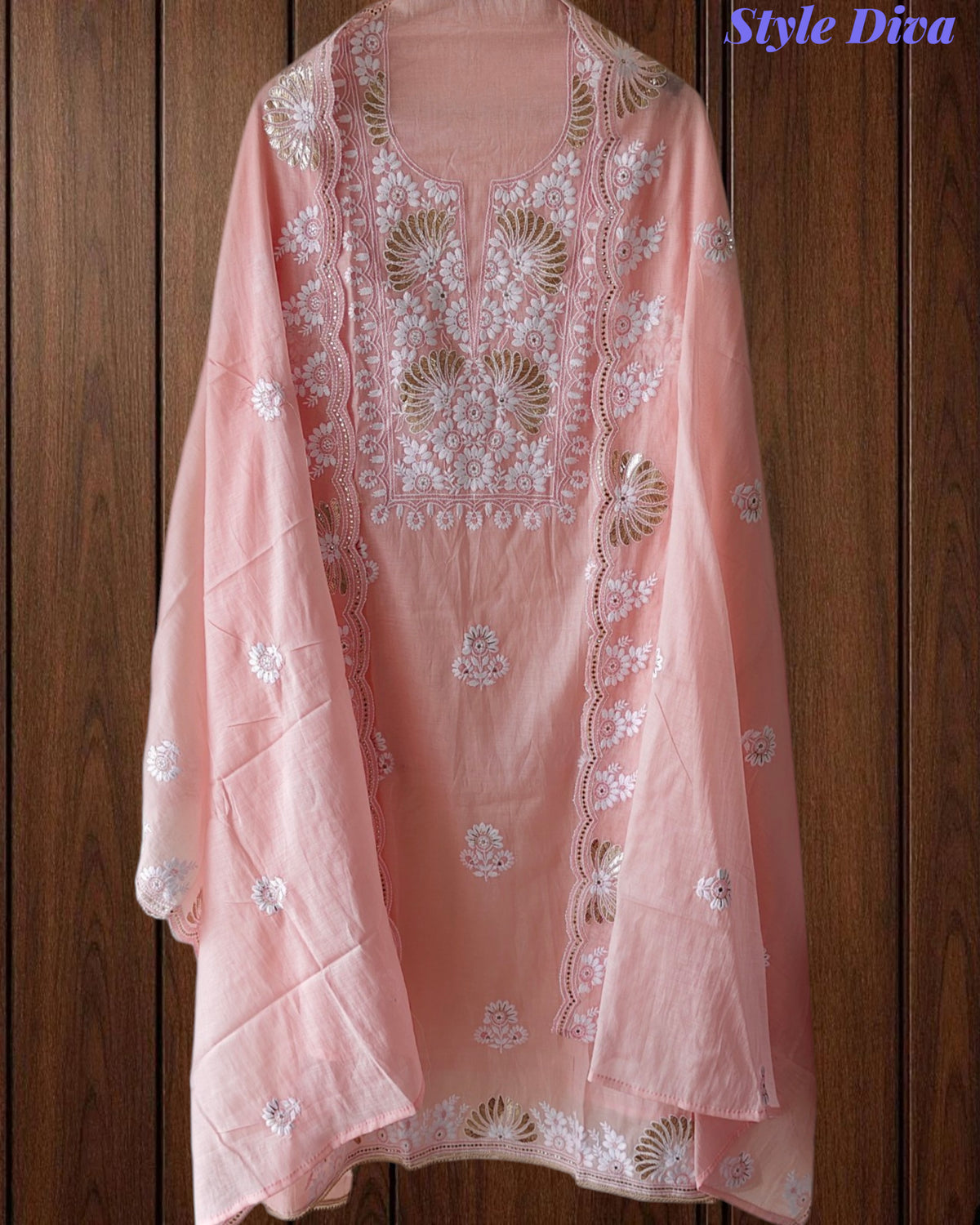 Mul Cotton Embroidered Pita Work Unstitched Suit with Scalloped Dupatta