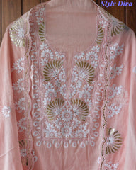 Mul Cotton Embroidered Pita Work Unstitched Suit with Scalloped Dupatta