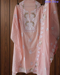 Mul Cotton Embroidered Pita Work Unstitched Suit with Scalloped Dupatta