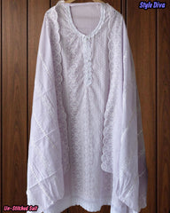 (Lavender)- Mul Cotton Chikan-Kari Embroidered Unstitched Suit with Crochet Lacing Dupatta