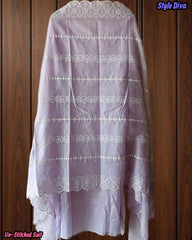 (Lavender)- Mul Cotton Chikan-Kari Embroidered Unstitched Suit with Crochet Lacing Dupatta