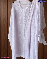 (Lavender)- Mul Cotton Chikan-Kari Embroidered Unstitched Suit with Crochet Lacing Dupatta