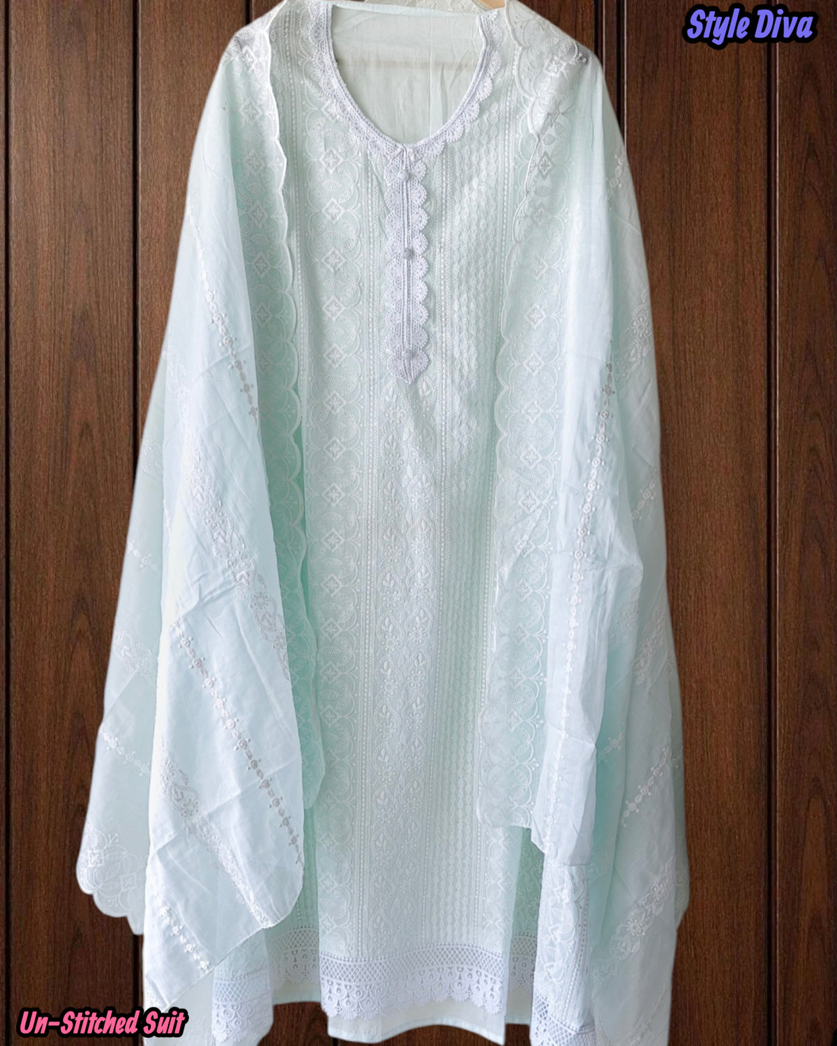(Light Blue)Mul Cotton Chikan-Kari Embroidered Unstitched Suit with Crochet Lacing Dupatta