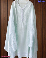 (Light Blue)Mul Cotton Chikan-Kari Embroidered Unstitched Suit with Crochet Lacing Dupatta
