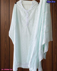 (Light Blue)Mul Cotton Chikan-Kari Embroidered Unstitched Suit with Crochet Lacing Dupatta