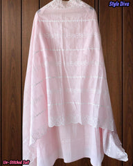 (Light Pink)- Mul Cotton Chikan-Kari Embroidered Unstitched Suit with Crochet Lacing Dupatta