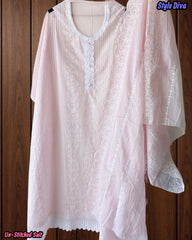 (Light Pink)- Mul Cotton Chikan-Kari Embroidered Unstitched Suit with Crochet Lacing Dupatta