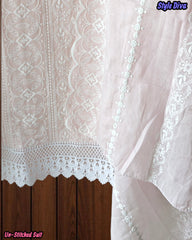 (Light Pink)- Mul Cotton Chikan-Kari Embroidered Unstitched Suit with Crochet Lacing Dupatta