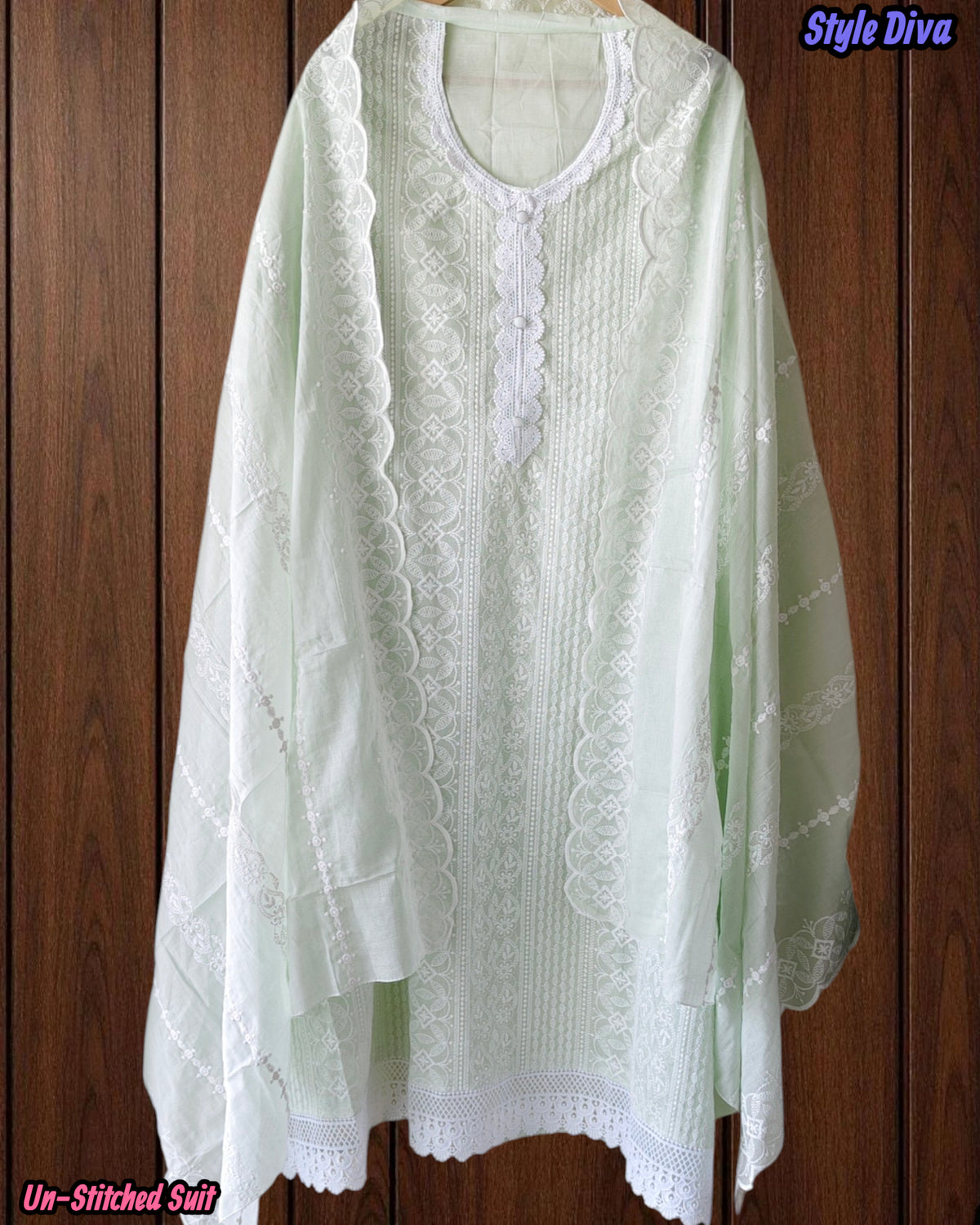 (Light Green)- Mul Cotton Chikan-Kari Embroidered Unstitched Suit with Crochet Lacing Dupatta