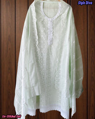 (Light Green)- Mul Cotton Chikan-Kari Embroidered Unstitched Suit with Crochet Lacing Dupatta