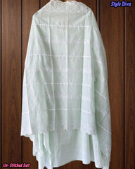 (Light Blue)Mul Cotton Chikan-Kari Embroidered Unstitched Suit with Crochet Lacing Dupatta