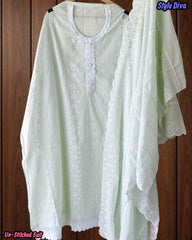 (Light Green)- Mul Cotton Chikan-Kari Embroidered Unstitched Suit with Crochet Lacing Dupatta