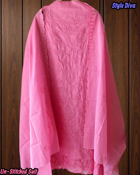 Pure Cotton Thread Embroidered Unstitched Suit with Scalloped Dupatta