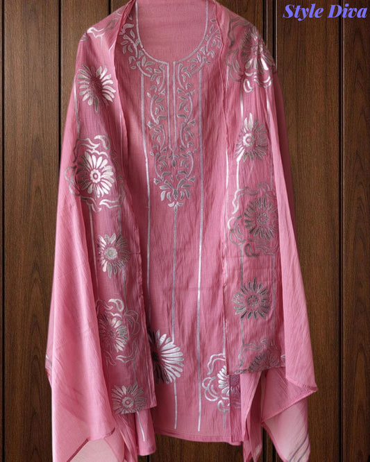 Mul Cotton Faux Leather Work Unstitched Festive Suit Set with Dupatta