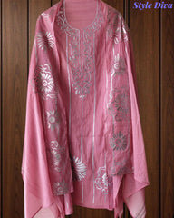 Mul Cotton Faux Leather Work Unstitched Festive Suit Set with Dupatta