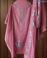 Mul Cotton Faux Leather Work Unstitched Festive Suit Set with Dupatta
