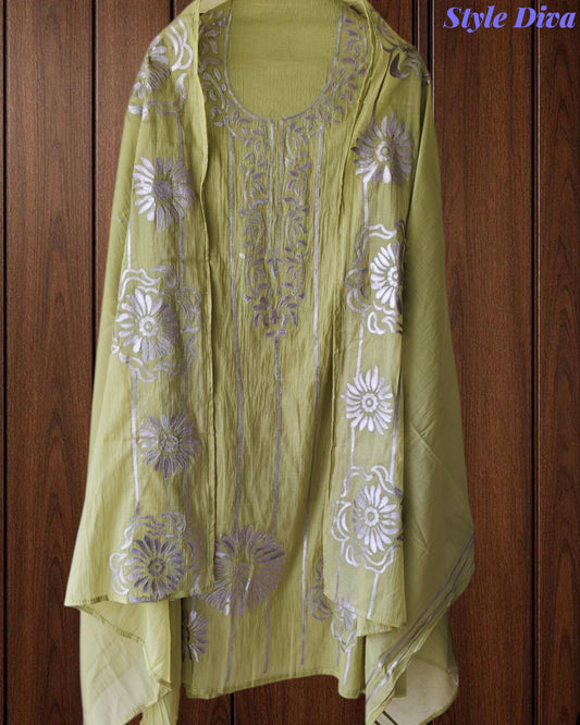 Mul Cotton Faux Leather Work Unstitched Festive Suit Set with Dupatta