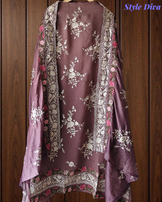 Mul Cotton Parsi Embroidery Unstitched Suit Set with Embroidered Dupatta