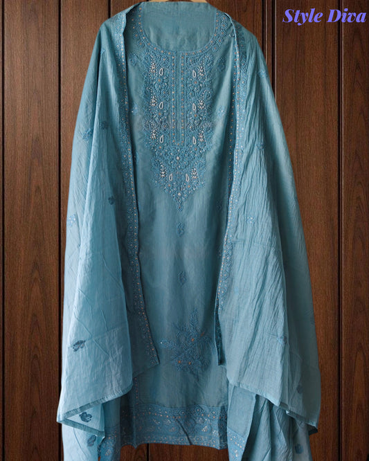 Pure Mul Cotton Lucknowi Embroidery Unstitched Suit Set with Sequence High-Lighting Dupatta