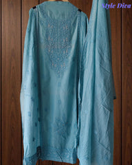 Pure Mul Cotton Lucknowi Embroidery Unstitched Suit Set with Sequence High-Lighting Dupatta